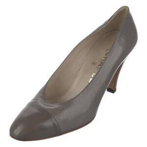 Chanel Vintage Interlocking CC Logo Leather Pumps by Lagerfeld Gray Grey 37.5